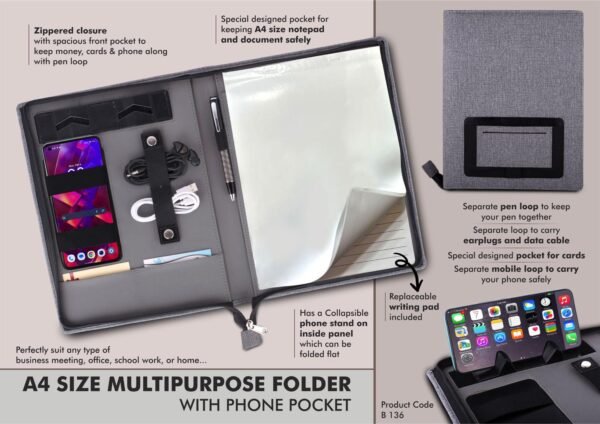 A4 size multipurpose folder with Writing pad and phone pocket | Complete Zipper enclosure