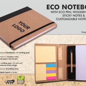 Eco Notebook with Eco Pen, Wooden Ruler and Sticky notes | Customizable notepad