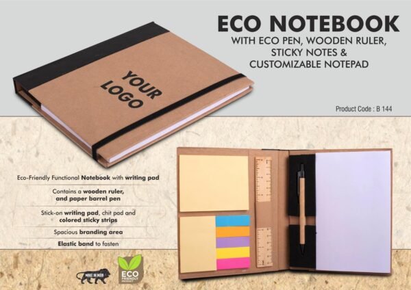 Eco Notebook with Eco Pen, Wooden Ruler and Sticky notes | Customizable notepad