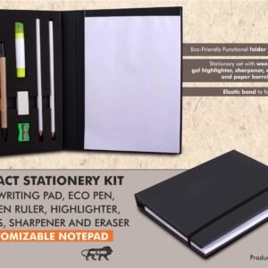 Compact Stationery kit with Writing pad, Eco Pen, Wooden Ruler, Highlighter, 2 Pencils, Sharpener and Eraser | Customizable notepad