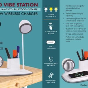 RetroVibe Station: Dimmer LED Lamp with Bluetooth speaker & 15W Wireless Charger