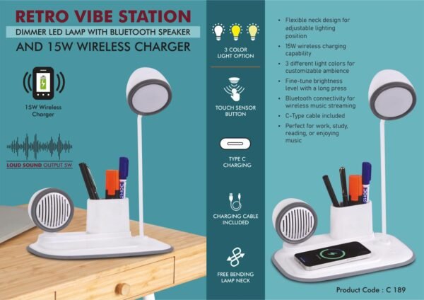 RetroVibe Station: Dimmer LED Lamp with Bluetooth speaker & 15W Wireless Charger