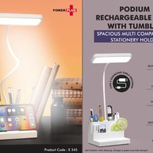 Podium: Rechargeable Lamp with Tumbler | Spacious multi compartment stationery holder