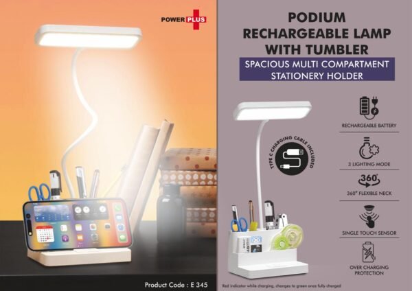 Podium: Rechargeable Lamp with Tumbler | Spacious multi compartment stationery holder