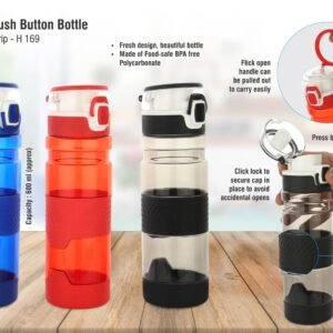 Grip-On: Push button water bottle with silicon grip (600ml approx) | Made from Tritan | BPA free