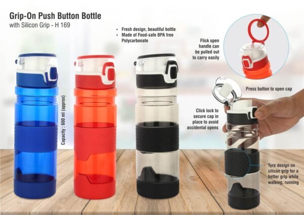 Grip-On: Push button water bottle with silicon grip (600ml approx) | Made from Tritan | BPA free