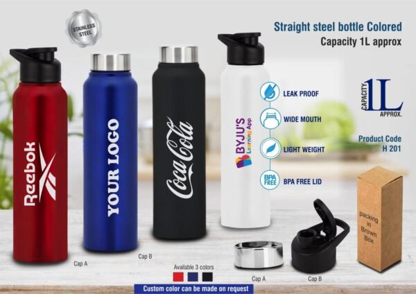 Straight steel single wall bottle Colored | Capacity 1L approx