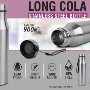 Long cola stainless steel single wall bottle with carry strap | Capacity 900ml approx