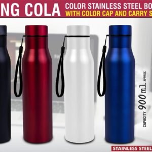 Long Cola Colored Stainless steel single wall bottle | With Colored Cap and Carry strap | Capacity 900ml approx