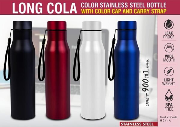 Long Cola Colored Stainless steel single wall bottle | With Colored Cap and Carry strap | Capacity 900ml approx