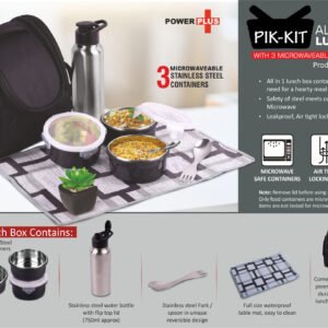 PIK-KIT: All in 1 Lunch box with 3 Microwaveable Steel containers | Contains SS bottle, Fork, Spoon, Tablemat, Premium Bag