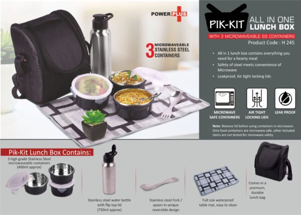 PIK-KIT: All in 1 Lunch box with 3 Microwaveable Steel containers | Contains SS bottle, Fork, Spoon, Tablemat, Premium Bag