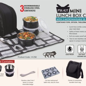 PIK-KIT mini: Lunch box combo with 3 Microwaveable Steel containers | Contains Fork, Spoon, Tablemat, Premium Bag