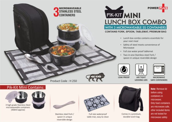 PIK-KIT mini: Lunch box combo with 3 Microwaveable Steel containers | Contains Fork, Spoon, Tablemat, Premium Bag