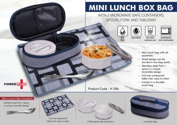 Mini Lunch box bag with 2 Microwave safe containers, Spoon, Fork and Tablemat