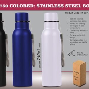 Bolt 750 Colored: Stainless steel single wall bottle | With Colored Cap and Carry strap | Capacity 750ml approx