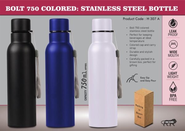 Bolt 750 Colored: Stainless steel single wall bottle | With Colored Cap and Carry strap | Capacity 750ml approx