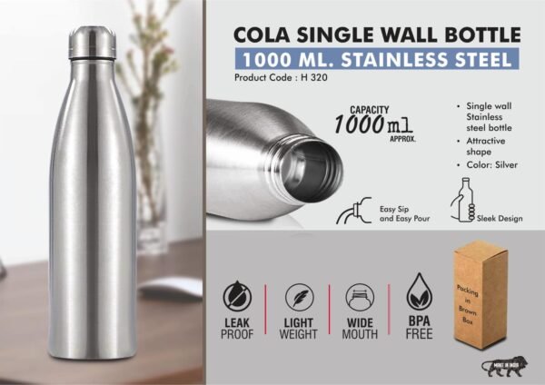 Cola Single Wall Steel bottle 1L : Natural