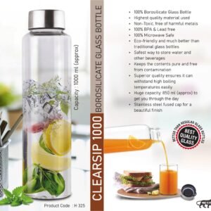 ClearSip 1000: Borosilicate Glass Bottle with Steel cap | Capacity 1000ml