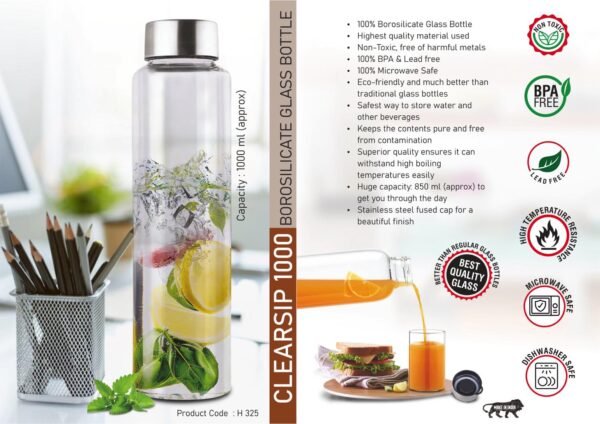 ClearSip 1000: Borosilicate Glass Bottle with Steel cap | Capacity 1000ml