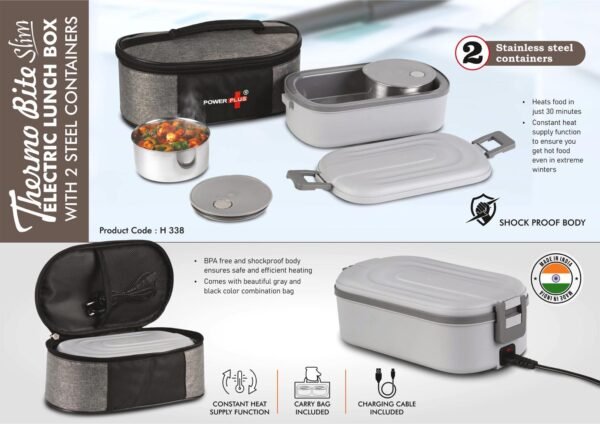 ThermoBite Slim: Electric Lunch Box with 2 Steel Containers | Carry Bag included