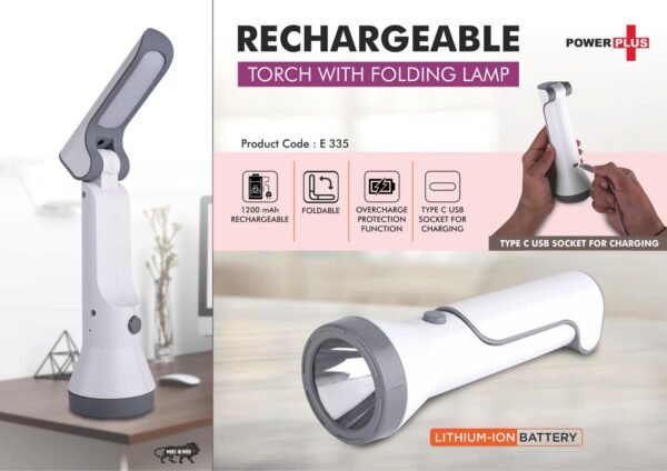 Rechargeable Torch with Folding Lamp | 1200 mAh rechargeable battery | Type C charging port