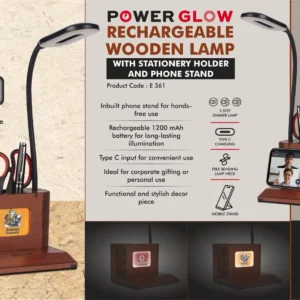 PowerGlow Wooden 3 step Dimmer Lamp With Glowing Multicolor Logo plate & Phone stand