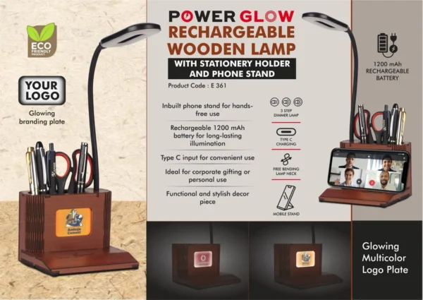 PowerGlow Wooden 3 step Dimmer Lamp With Glowing Multicolor Logo plate & Phone stand